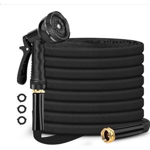 50ft Garden Hose Non-Expandable, Lightweight & Flexible Black Water Hose with 8-Function Spray Nozzle, 3/4” Leak-Proof Brass Fittings – Kink-Free Heavy Duty Hose for Yard, Lawn, Car & RV
