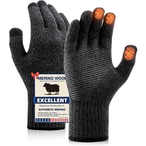 Merino Wool Gloves for Men Women Touch Screen Warm Anti-Slip Glove Liners Thermal for Driving Hiking (Large, He01-(Black Grey Marl))