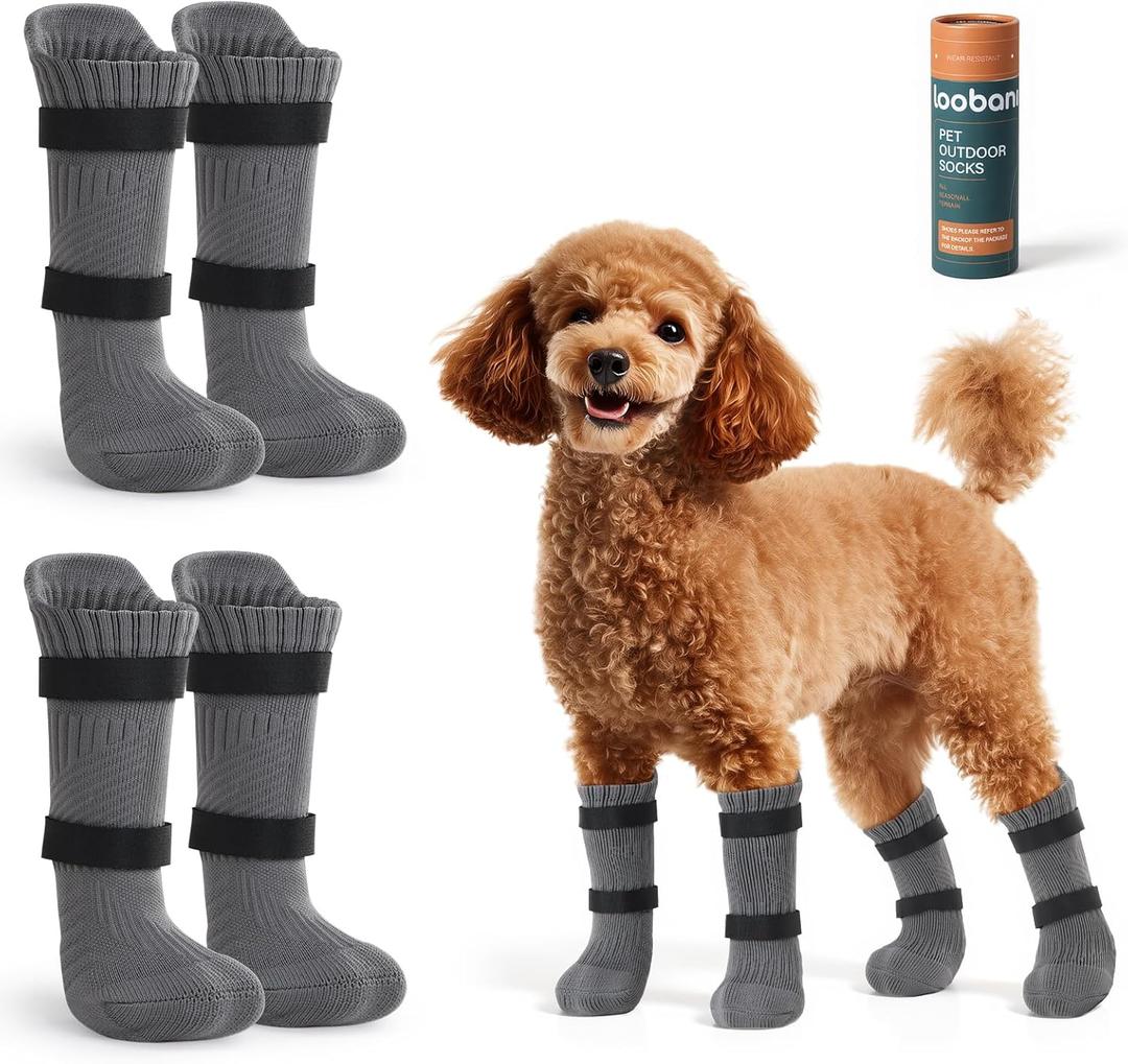 LOOBANI Small Dog Socks for Outside to Prevent Licking Paws, Dog Socks for Winter Snow/Hot Pavement, Dog Booties and paw Protectors for Senior Old Dogs, Outdoor Socks for Dogs with Straps (Gray), S