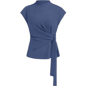 Womens Cap Sleeve Tops 2026 Summer Tie Waist Mock Neck Elegant Blouses Business Dressy Casual Shirts Work Outfits S