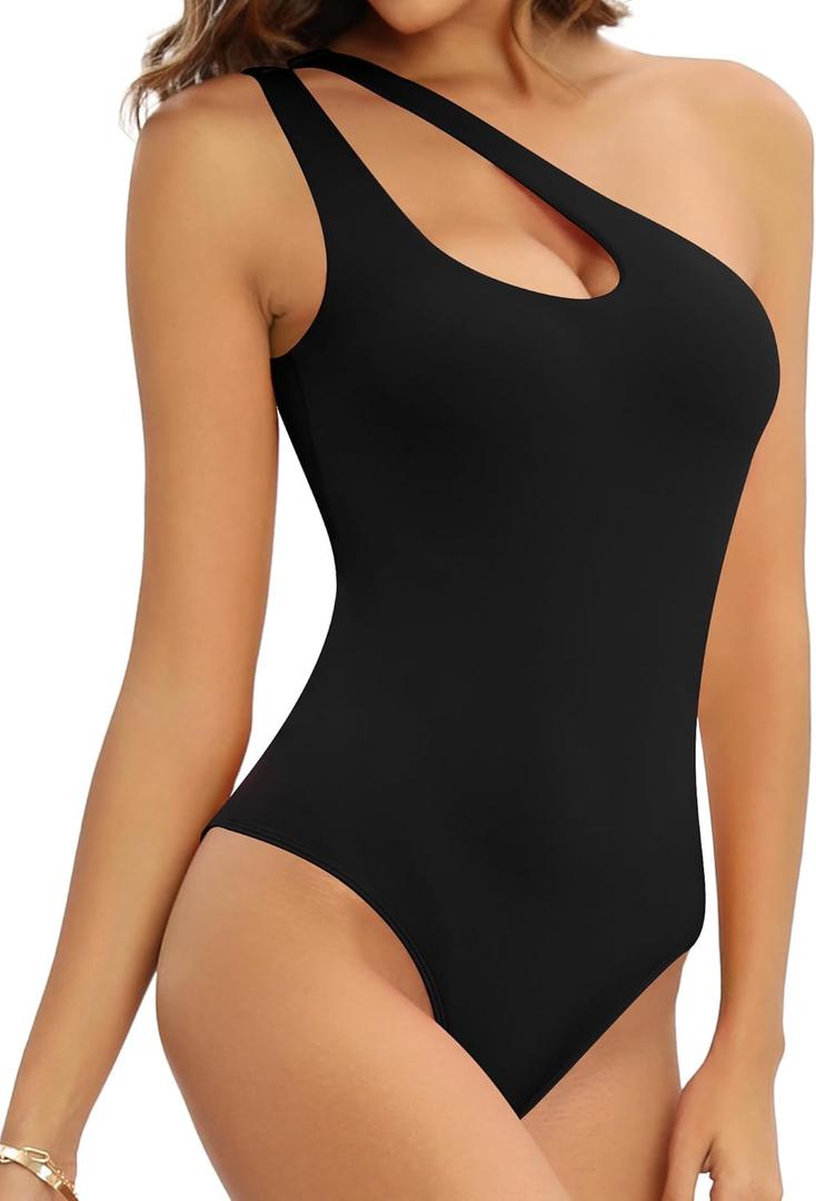 MANGOPOP Women's One Shoulder Sleeveless Bodysuit Sexy Cutout Backless Body Suit Double Lined Going Out Tank Top (Large)