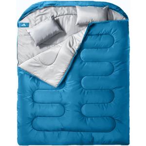 MEREZA Double Sleeping Bag for Adults Mens with Pillow, XL Queen Size Two Person Sleeping Bag for All Season Camping Hiking Backpacking 2 Person Sleeping Bags for Cold Weather & Warm