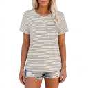 MAOWINTY Women's Striped Henley Shirts Short Sleeve V Neck Button Down Casual Loose Tunic Tops Summer Lightweight Breathable Blouses (White L) (L)