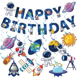 50 Pcs Outer Space Party Decorations Blue Astronaut Ship Happy Birthday Banner Solar System Theme Hanging Swirls Streamers for Birthday Outer Space Party Decorations