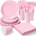 Vyntra 350 PCS Party Plates and Napkins, Disposable Paper Plates Set with 7'' Dessert and 9'' Dinner Plates for Baby Girl Shower, Birthday, Valentines Day - Light Pink