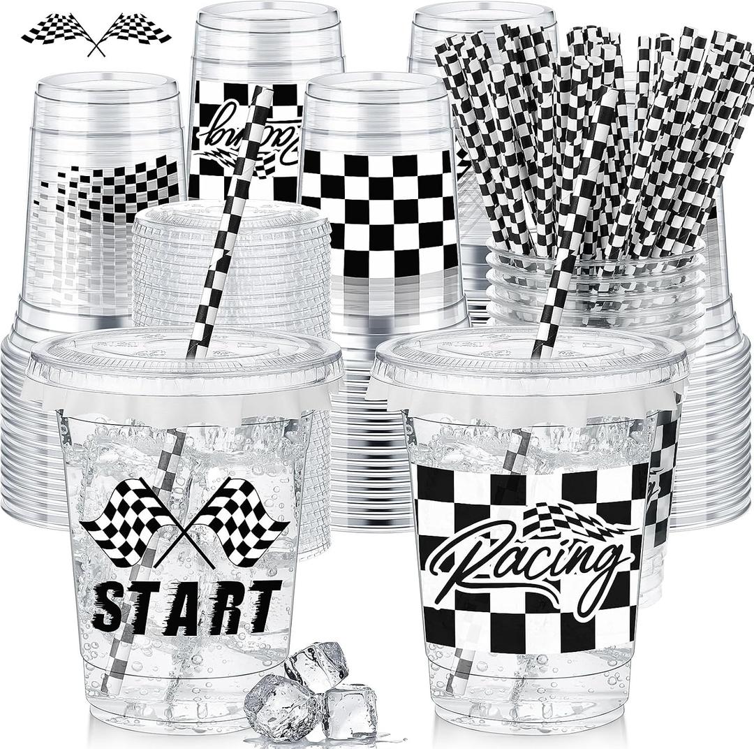 FoldTier 50 Pcs Checkered Racing Party Plastic Cups 12 oz White Black Checkered Flag Clear Cups with Straws and Lids Disposable Drink Cup for Race Car Sport Theme Birthday Party Supplies Baby Shower, 3.5 x 2.2 x 4.2 inches