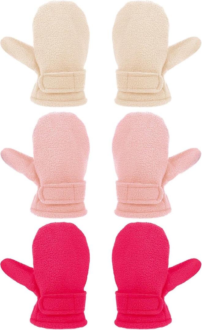 3 Pairs Baby Toddler Winter Mittens Warm Fleece Kids Mittens Baby Snow Skiing Gloves for Boys and Girls Aged 2-4 Years (Rose Red, Khaki, Pink)
