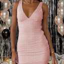 Summer Bodycon Dresses for Women Sexy Deep V Neck Short Dress (Pink, M)
