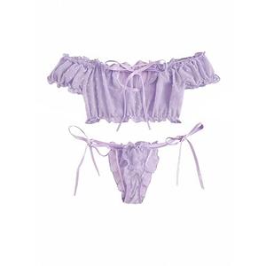 Lilosy Sexy Stretch Ruffle Tie Sheer Mesh Lingerie Set Outfits 2 Piece Women Kawaii Cute See Through Matching Bra Panty Underwear Chiffon Lavender Purple Large