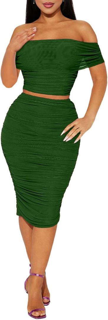 2 Piece Skirt Set Sexy Mesh Ruched Bodycon Tube Top Cocktail Party Midi Dress Club Outfits (Small, Green)