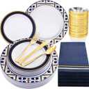 Nervure 175PCS Blue Plastic Plates - White Blue Gold Disposable Plates Include 25Dinner Plate, 25Dessert Plate, 25Cups, 25Forks, 25Knives, 25Spoons, 25Napkins for Wedding & Party