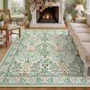 5x7 Area Rugs Living Room Rug - Floral Vintage Morris-Inspired Washable Carpet, Low Pile Non-Shedding Stain Resistance Boho Soft Carpet for Bedroom, Dining Room, Office, Farmhouse (5'x7' Beige Green)