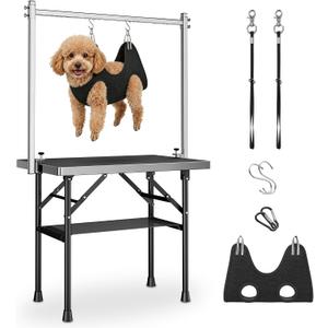 pickpiff Dog Grooming Table with Arm, 35.5" L×23.6" W x 30" H Foldable Heavy Duty Pet Grooming Station with Adjustable 33.5" Height Arm, Hammock & Nooses, Tray, Non-Slip Waterproof Tabletop