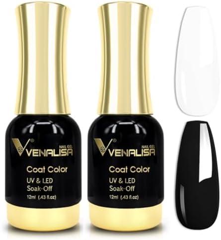 VENALISA 2Pcs Black White Gel Nail Polish Kit, Nail Gel Polish Set Soak Off UV LED Nail Art Starter Manicure Salon DIY at Home