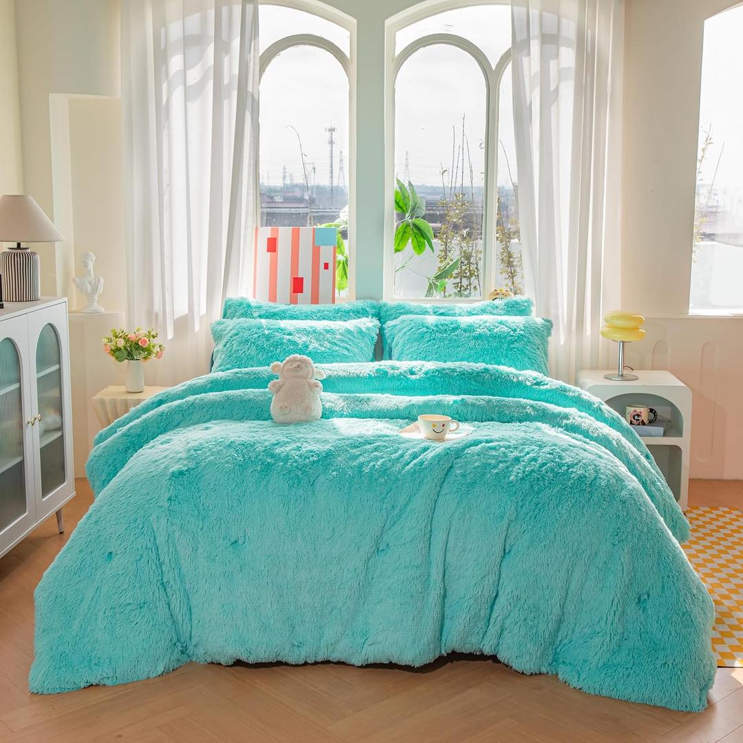 chovy Kids Girls Faux Fur Sky Blue Comforter Sets Twin/Full - 3PC Bed Set Skin Friendly Soft Warm Comfortable Classical Rabbit Plush Velvet Flannel Fluffy Fuzzy BeddingComforter x 1 Pillowcases x 2