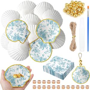 Gilprop 12 Pcs Large Scallop Shells for Shells Crafts 4''-5''with 24 Pcs Blue Floral Decoupage Paper Napkin Acrylic Paint Strips Brushes Gold Bead for DIY Ornament Jewelry Tray