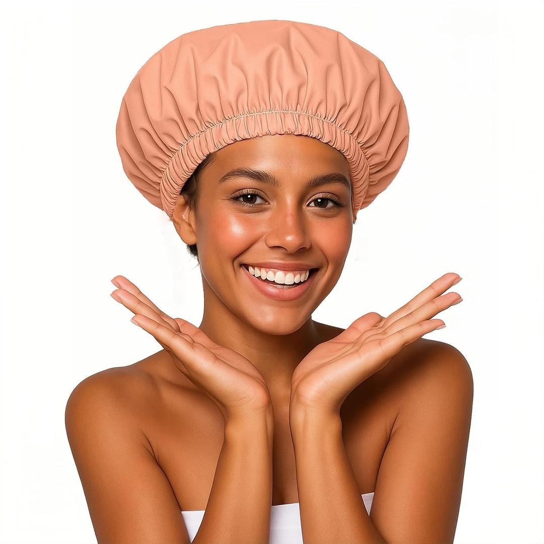 3 x Shower Cap for Women Reusable Waterproof Shower Caps with Elastic Band, Ideal for Long Hair, Braids and All Hair Types,Medium,Orange