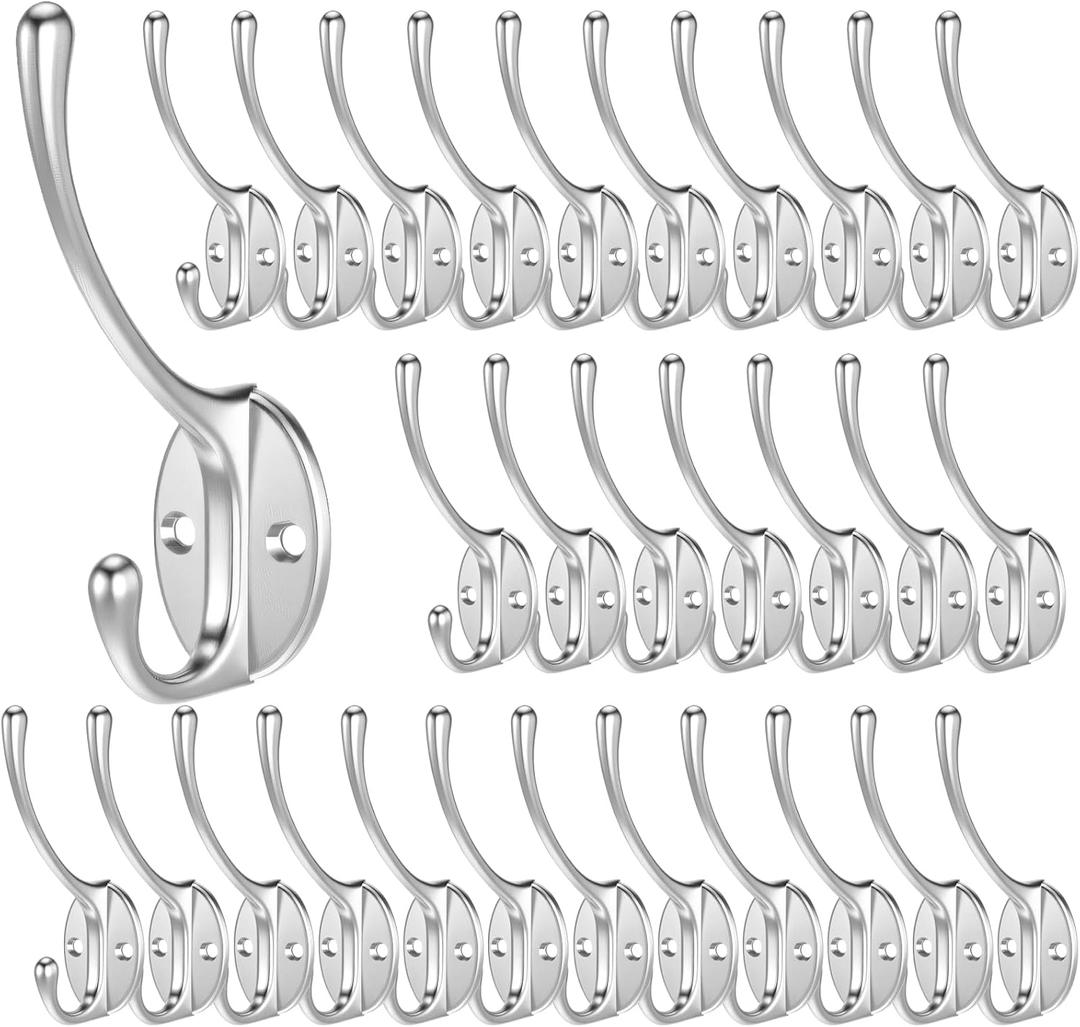 30 Pack Heavy Duty Dual Coat Hooks Wall Mounted with 60 Screws Retro Double Hooks Utility Silvery Hooks for Coat, Scarf, Bag, Towel, Key, Cap, Cup, Hat