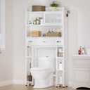 Over The Toilet Storage Cabinet with Acrylic Sliding Door Panel, Bamboo Organizer Shelf with 2 Paper Drawers and 1 Big Drawer,Space Saver Rack for Bathroom (White)