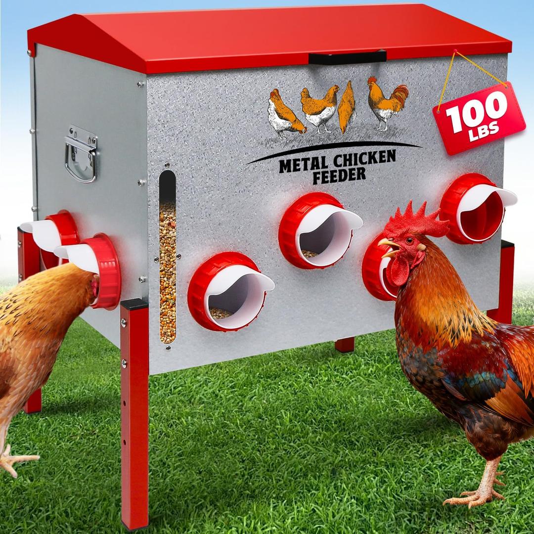 Automatic Chicken Feeder 100LBS Large Capacity, 12 Anti-Waste Ports Metal Poultry Feeder with Height Adjustable Stand, Waterproof Rodent Proof Feed Box with Lid Viewing Window for Hens Ducks Geese