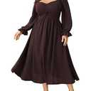 SCOMCHIC Women's Plus Size Wedding Guest Cocktail Dresses Fall Sweetheart Neckline Long Sleeve A Line Formal Maxi Dress Brown (XL)