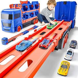 Kiddiworld Race Track Truck Toys for 2-4 Year Old Boys Birthday Gifts: 65 Inch Folded Transport Carrier Trucks for Kids Age 3-5, Racing Cars Toy Easter Gifts for Toddlers