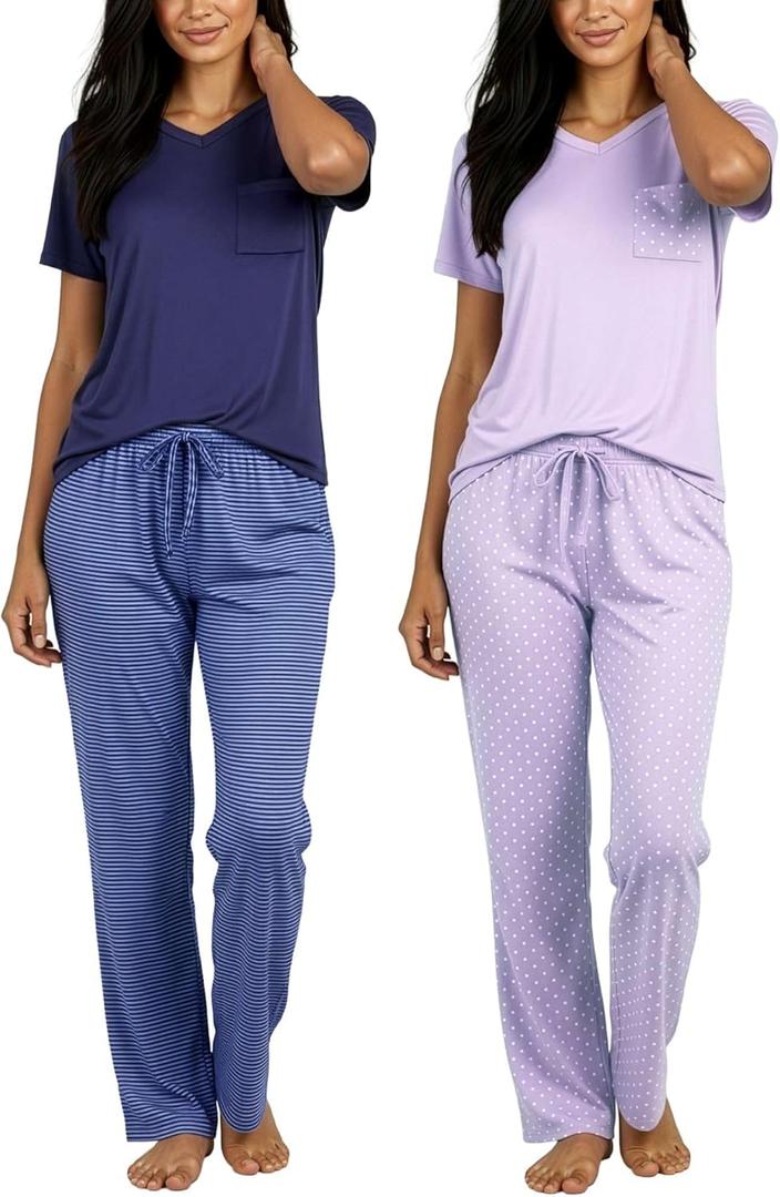 Real Essentials 2 Pack: Women's Comfy Pajama Sets - Short & Long Sleeve Ladies Loungewear Sleepwear PJs (Set B Purple & Blue, Small)