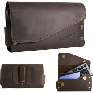 Leather Double Phone Case for Two Phones, Double Phone Holster for Men Belt, Belt Clip Dual Phone Pouch for iPhone 16 Pro Max, Samsung Galaxy S23 Ultra, for Work, Construction, Large Brown