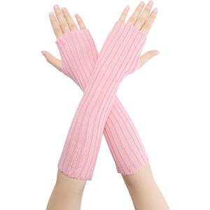 Solid Color Knit Elastic Arm Warmers Fingerless Gloves Elbow Long Knitted Cover for Winter (One Size, Pink)