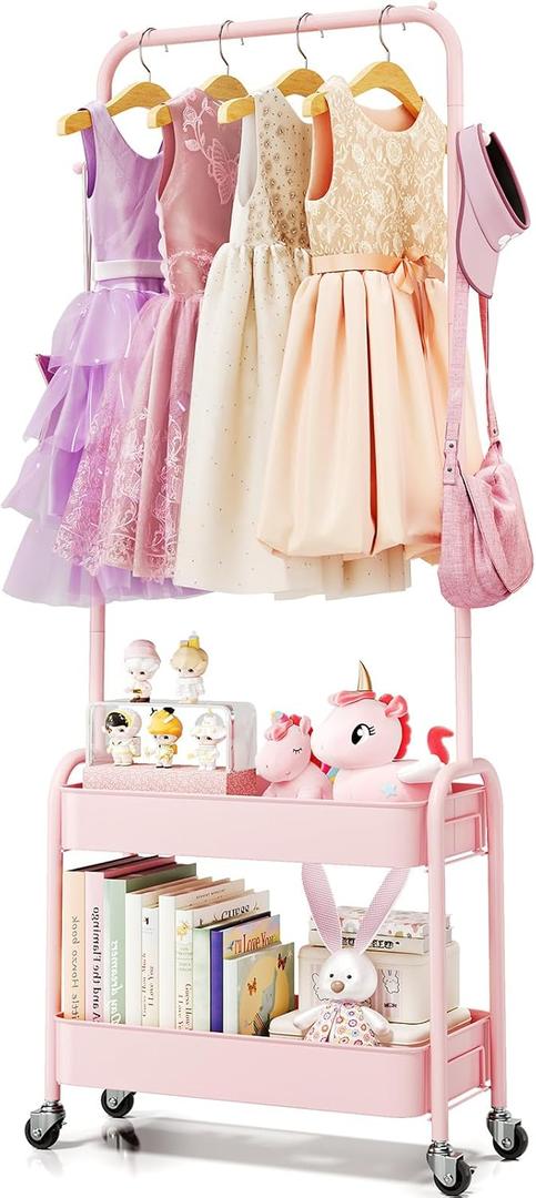 KINGRACK Kids Clothing Rack, Small Clothes Rack with Metal Basket, Wardrobe Rack with Wheels, Child Rolling Garment Rack Storage for Clothes, Coats, Skirts, Pink (Medium)