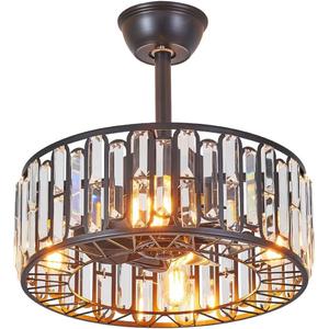 18" Modern Industrial Black Ceiling Fan with Remote,Crystal Caged Ceiling Fan Light with 6-Speed Motor Fandelier Chandelier Fan with Light for Bedroom, Living Room, Dining Room, Reversible