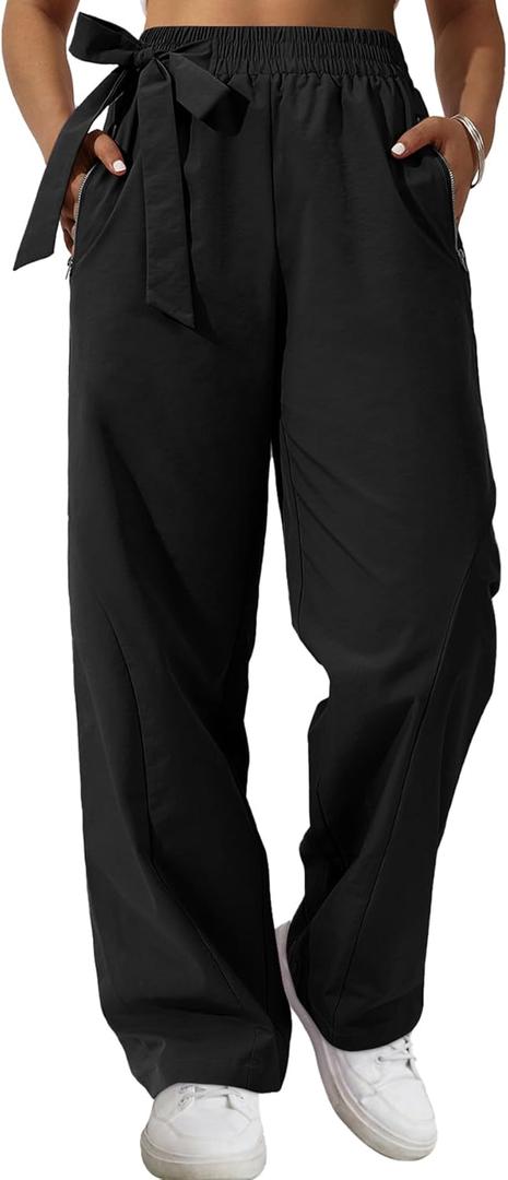 5 x Women's Wide Leg Pants Y2K Trendy Elastic Waist Track Pants Baggy Tie Knot Trousers with Zipper Pockets Streetwear Casual (Black, XS)