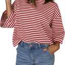 Women's Boho Blouse Red Stripe Bowknot Cutout Back Drop Shoulder Wide Bracelet Sleeve Loose Tee, Extra Large 