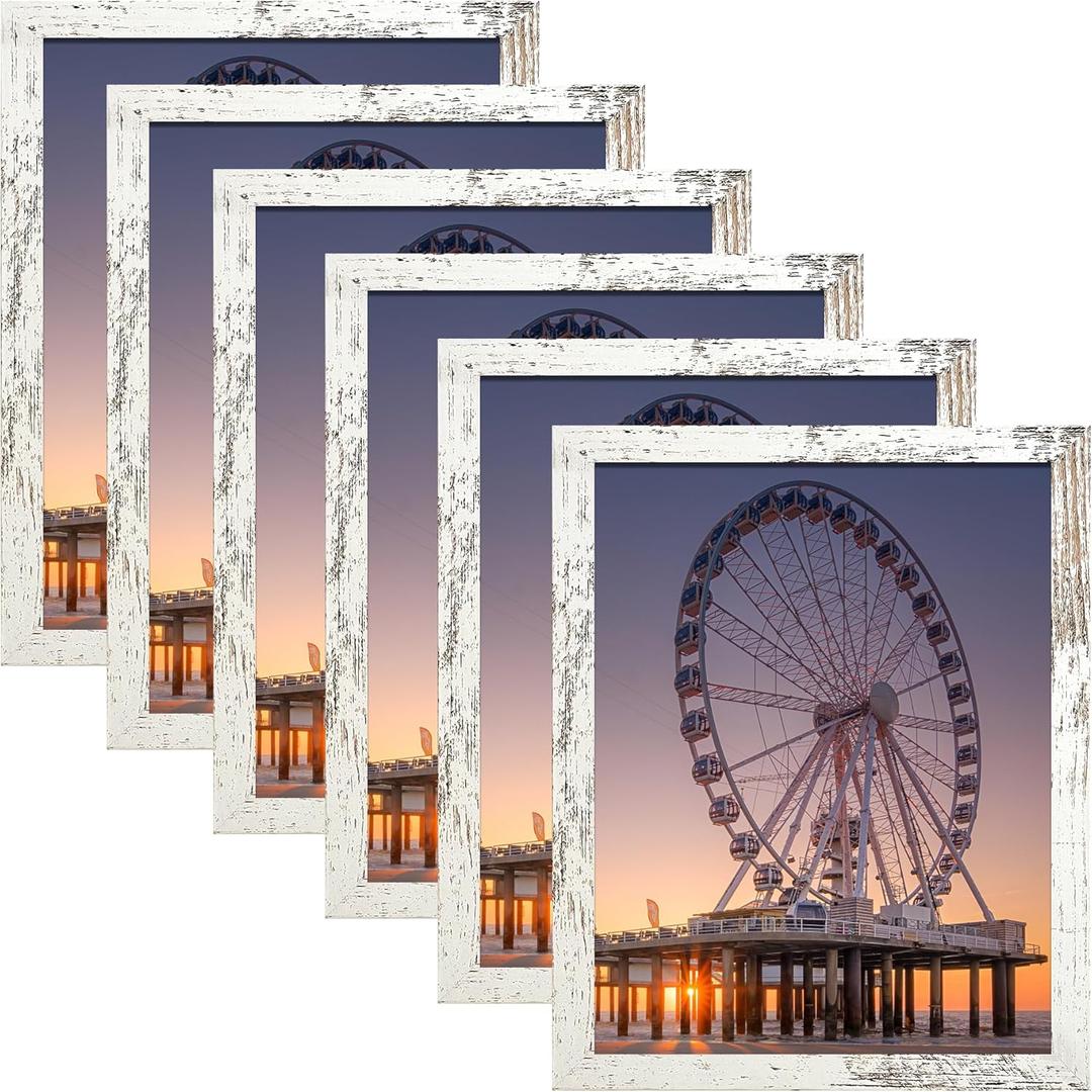 BESCRCL 11x14 Picture Frame Set of 6 High Definition Glass, 11 x 14 Photo Frame for Wall, Engineered Wood, Distressed White
