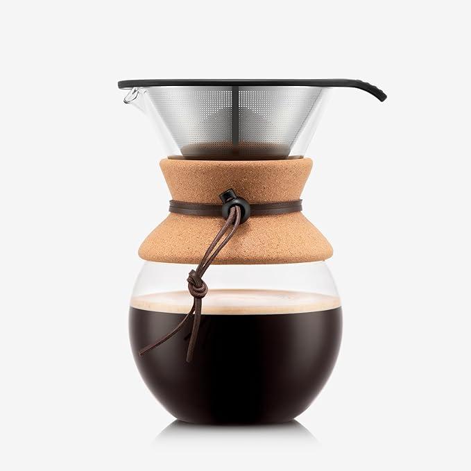 Bodum 34oz Pour Over Coffee Maker, HighHeat Borosilicate Glass with Reusable Stainless Steel Filter and Cork Grip  Made in Portugal