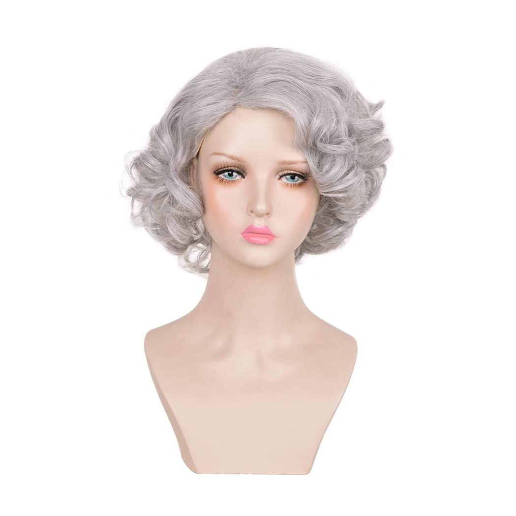 KOLIGHT 13inch Fashion Grandma Grey Short Curly Halloween Wigs Women Girls Cosplay Costume Hair Wigs
