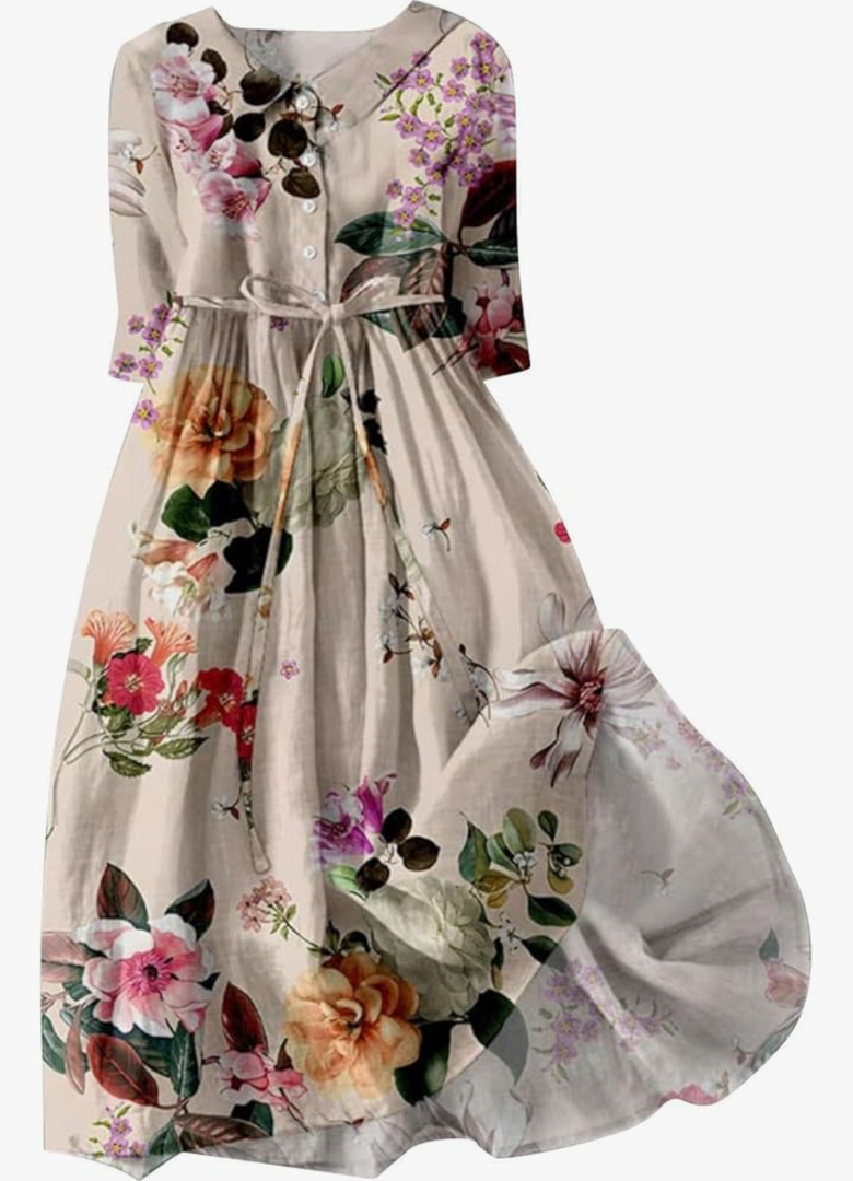 Cotton Linen Dresses for Women 2024 Maxi Button Down Plus Size A Line Dress Trendy 3/4 Sleeve Floral Dress Summer Dresses, Size XL