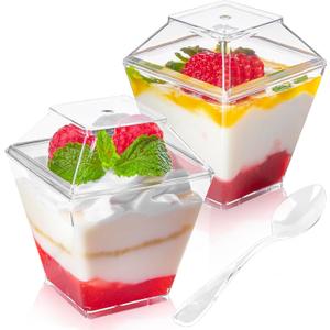 50 Pack 3.5 oz Mini Dessert Cups with Lids and Spoons - Parfait Cups with Lids Plastic Square Shooter Cups for Party Appetizers Pudding Mousse Triffle