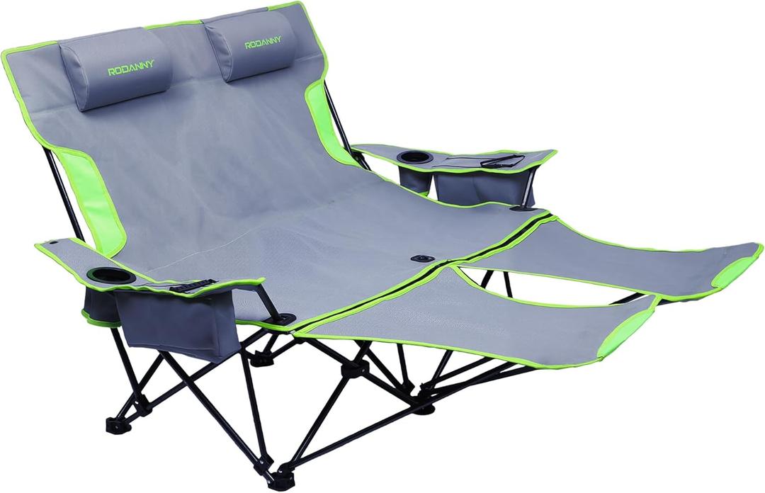 Double Camping Chair,Adjustable Two Person Adjustable Backrest Reclining chairs with Foot Rest,Oversized Folding Camping Loveseat,Office,Beach,Lawn,Headrests,Cooler Bag,Cup Holder,Support 600lbs