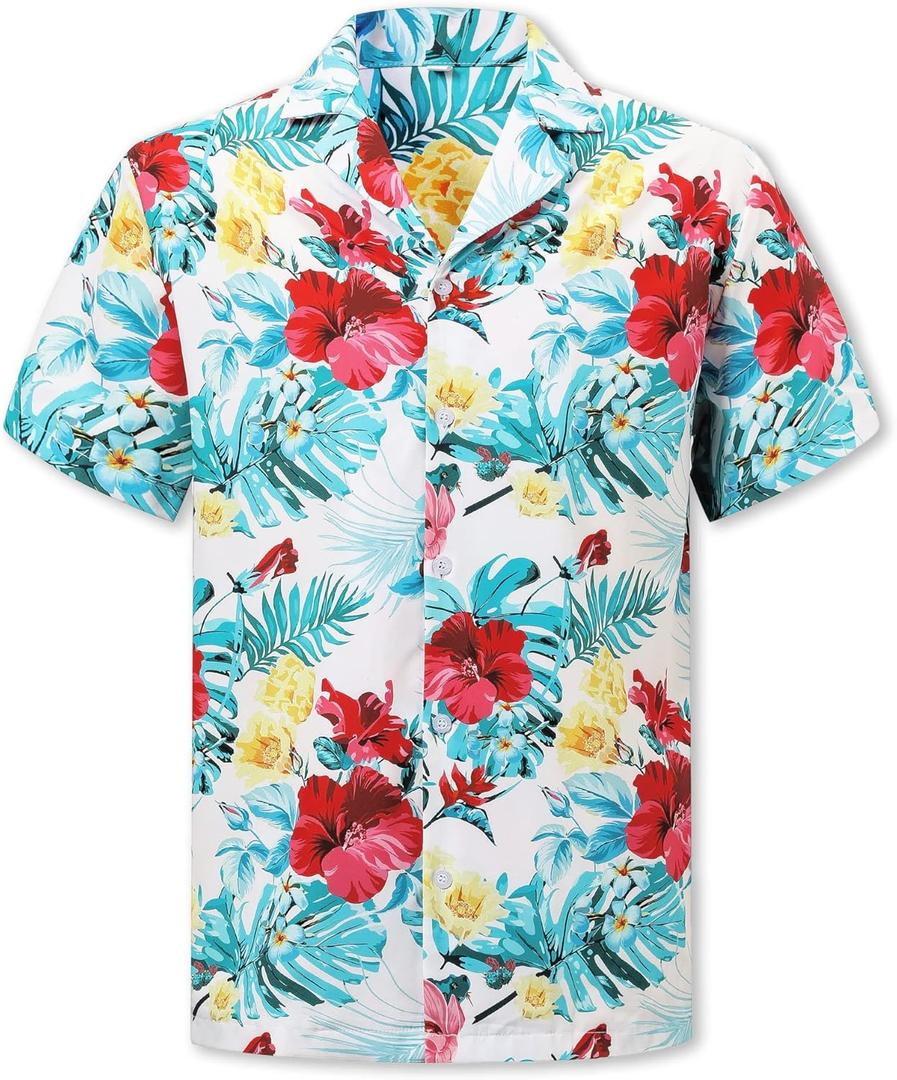 Cromoncent Hawaiian Shirt for Boy&Men Short Sleeve Cuban Collar Tropical Holiday Summer Beach Shirts (7-8 Years, Flower Teal)
