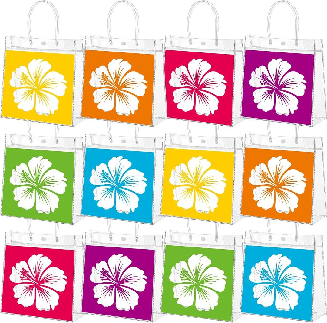 Kolldenn 12 Pcs Hibiscus Clear Gift Bags with Handles, Tropical Floral Hawaiian Tote Bags, PVC Plastic Goodie Handbags for Summer Beach Birthday Party Favors, 9.84x 9.84x 3.54 in