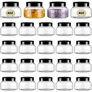 Tessco 24 Pack Plastic Jars with Lids Labels Empty Clear Plastic Jars Round Refillable Cosmetic Containers Body Butter Containers Bulk Sugar Scrub Bottle for Make Up(2 oz,Clear, Black)