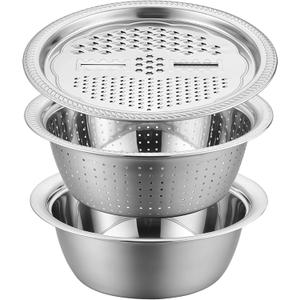 3 Pcs Multifunctional Stainless Steel Grater Bowl Set, 30 cm/11.8 in Large Mixing Basin, Colander for Kitchen Food Prep, Versatile Grater Lid, Induction Cooktop Compatible