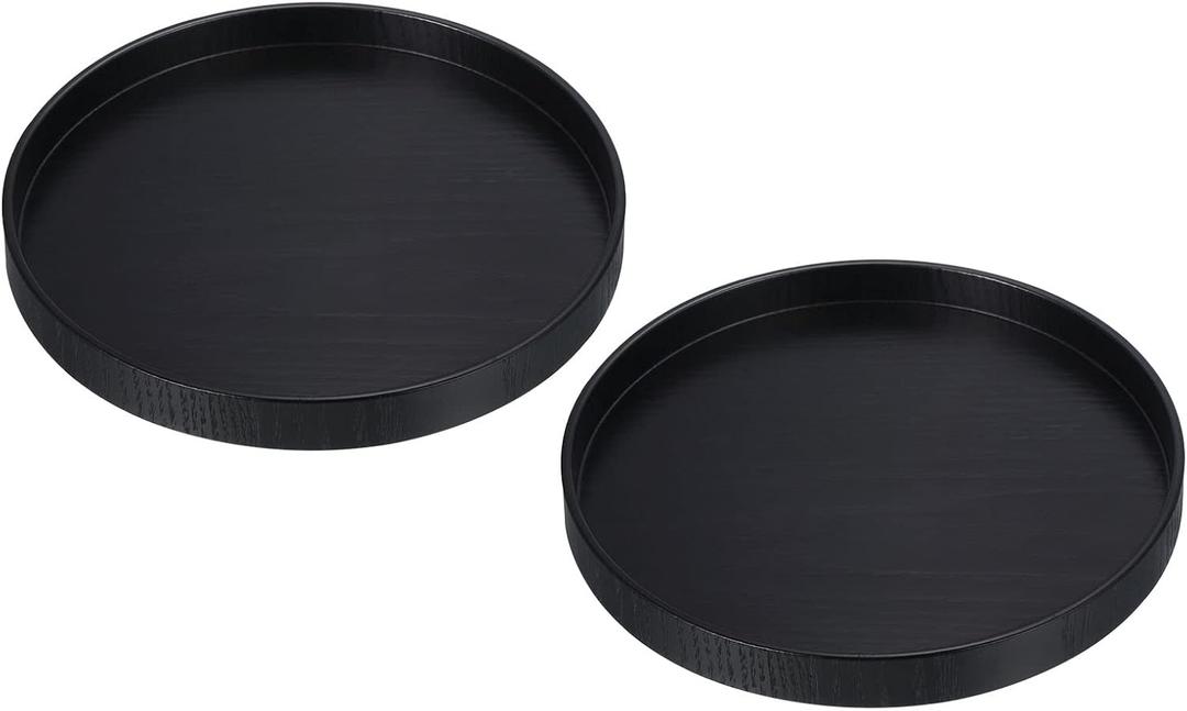 PATIKIL Wood Serving Tray 8 Inch, 2 Pack Round Decorative Platter for Home Decor Kitchen Table Candle Holder, Black