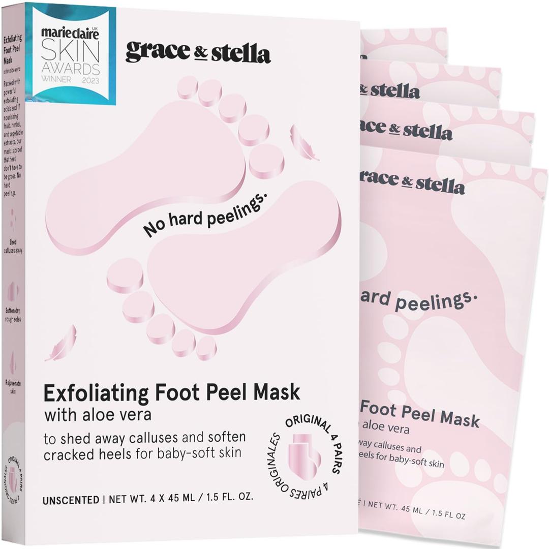 grace & stella Award-Winning Foot Peel Mask (4 Pairs, Unscented) | Foot Peeling Mask with Aloe Vera - Moisturizing Foot Mask for Dry Cracked Feet - Foot Exfoliator for Baby Soft Feet