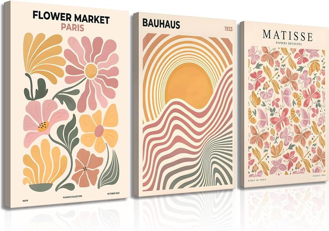 BBQCBA 3pcs Boho Flower Market Canvas Wall Art Abstract Line Wall Decor Pictures Pink Beige Butterfly Posters Prints for Bedroom Living Room Home Office Home Decoration (16L"x12W"Canvas)