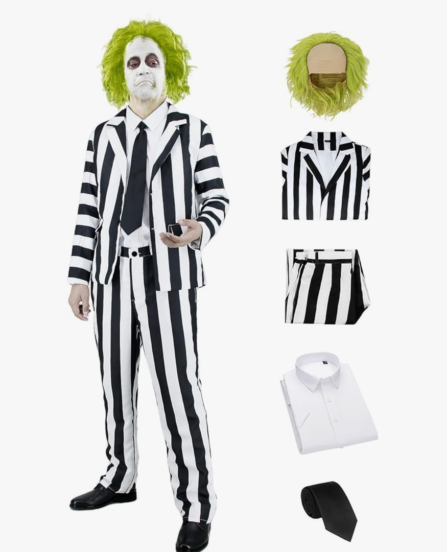 Black and White Costume Suit Men Adult Vertical Strip Jacket Halloween Costumes Scary Movie Character Cosplay Outfit XL