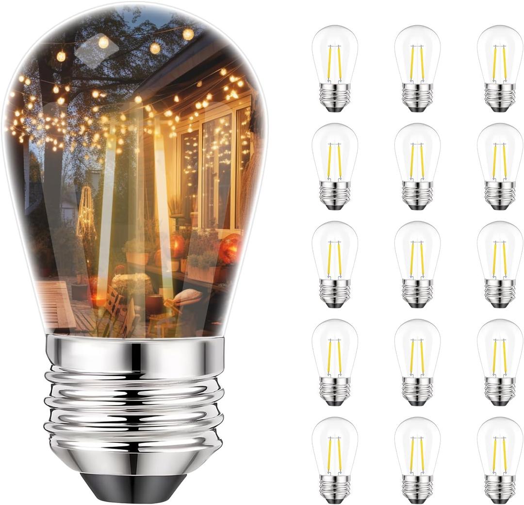Svater 2W S14 String Light Replacement LED Bulbs 15 Pack, E26 Medium Base
Shatterproof Plastic Dimmable Bulbs for Outdoor Patio Decor, 2700K Warm White, 2 Watt to Replace 20 Watts Incandescent Bulb