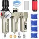 1/2" NPT Industrial Air Dryer for Compressor,3 Stage Air Compressor Water Separator System,Filter Oil Water Separator Dryer for Plasma Cutter and Paint Spray,Auto Drain