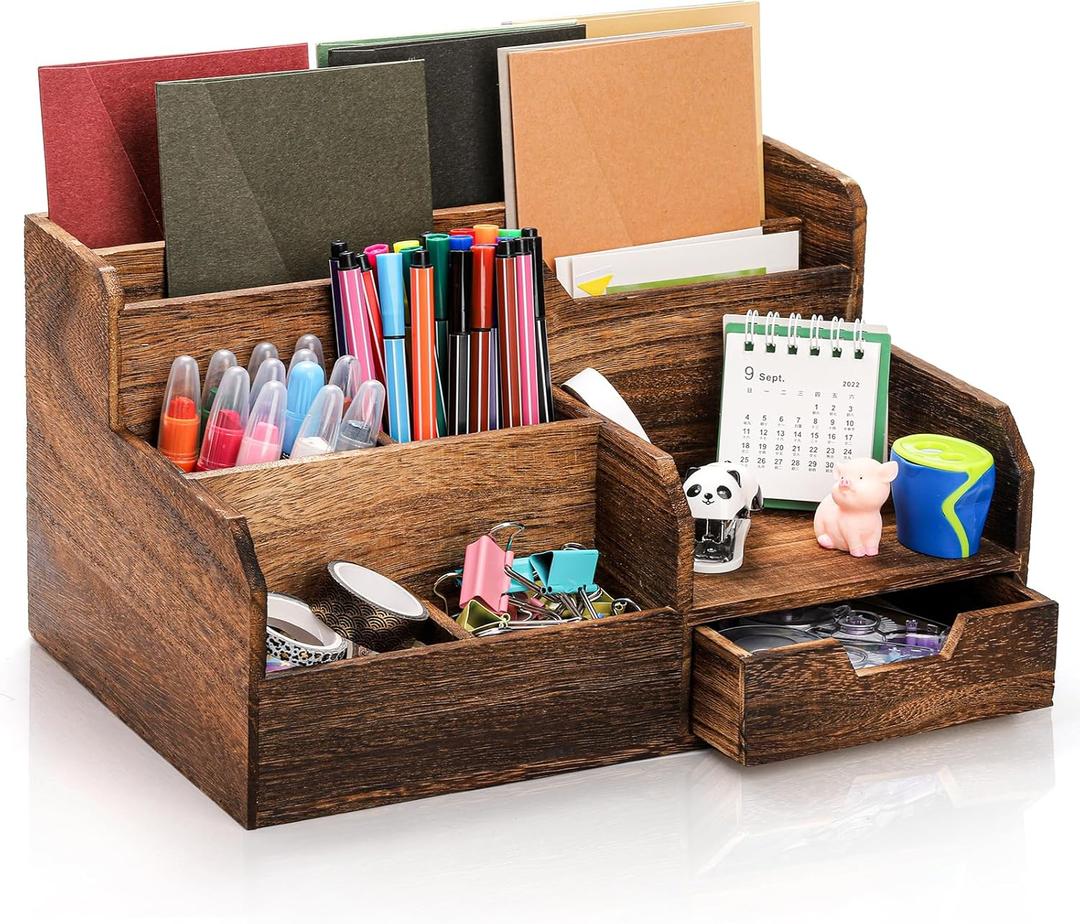 Brown Wooden Mail Organizer, Desk Organizer with 7 Compartments and Drawer, Rustic Mail Sorter with Pen Holder, Tabletop Mail Basket, Office Accessories Holder for Pen File Letter Document